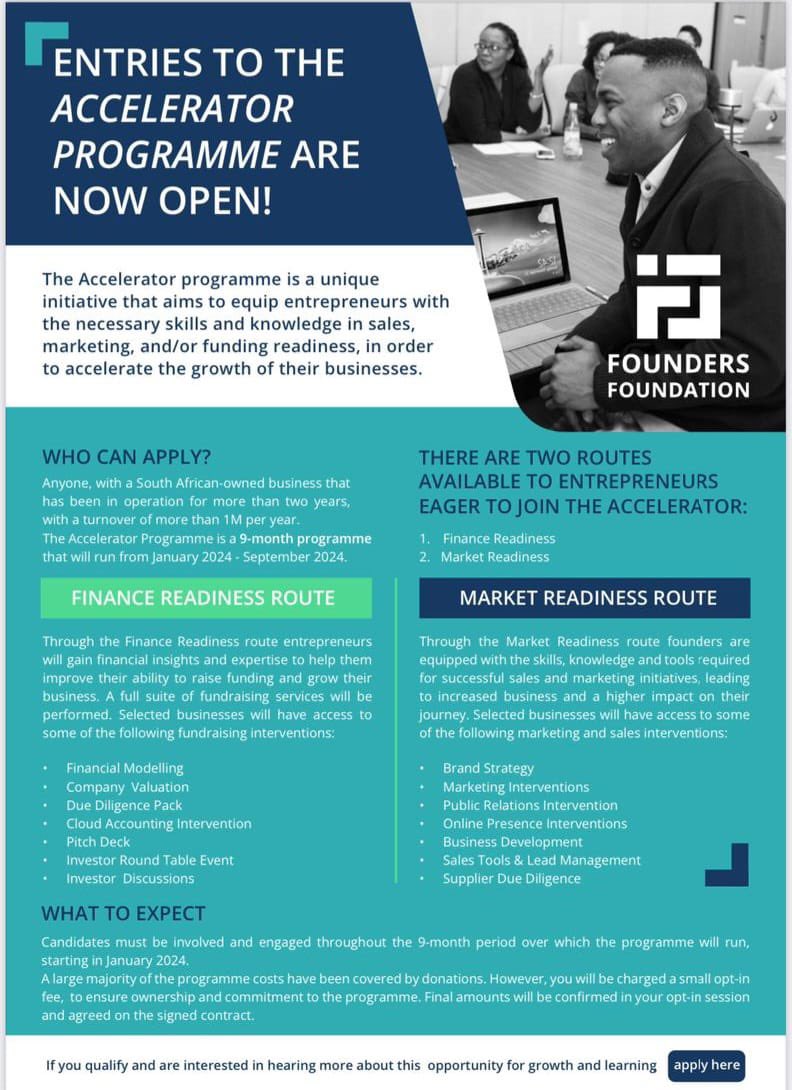 LuvuyoRani's tweet photo. Join our Accelerator Programme, boosting entrepreneurs with skills in sales, marketing, and finance.
Apply now for this growth and learning opportunity: https://t.co/6cMN62IPbw
#AcceleratorProgramme #marketing #finance #sales #entrepreneurs https://t.co/lHfd7wRsdv