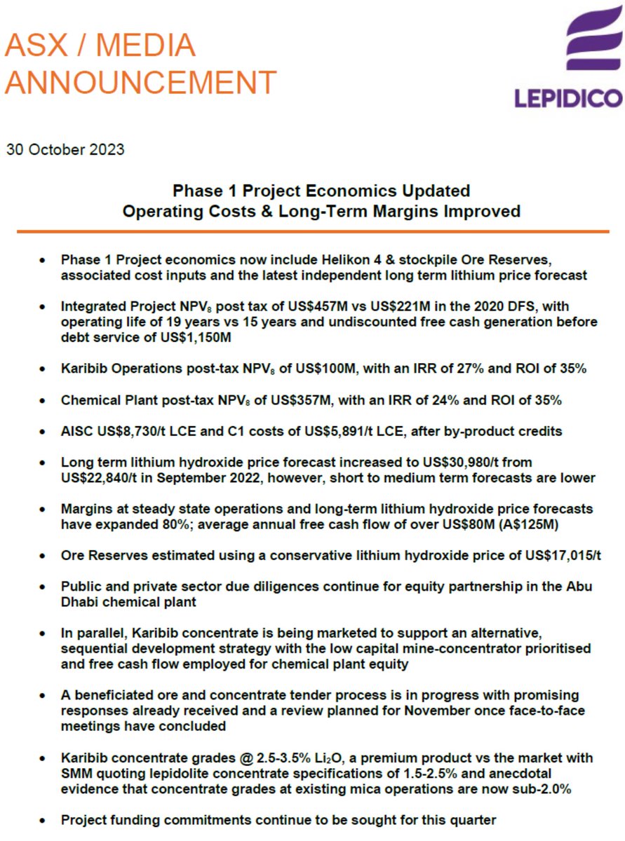 Friends of Lepidico (@lepidicans) on Twitter photo Lepidico updates its vertically integrated #lithium chemical project.
More resource.
Longer mine life.
Higher NPV.
Lower AISC.
All supported by new <a href="/benchmarkmin/">Benchmark Mineral Intelligence</a> long-term price forecasts.
Sale of benficiated concentrate stockpiles will provide opex while funding is finalised. Lepidico updates its vertically integrated #lithium chemical project.
More resource.
Longer mine life.
Higher NPV.
Lower AISC.
All supported by new <a href="/benchmarkmin/">Benchmark Mineral Intelligence</a> long-term price forecasts.
Sale of benficiated concentrate stockpiles will provide opex while funding is finalised.