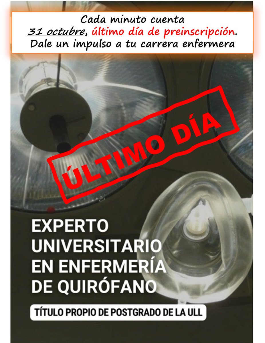 Cada minuto cuenta
31 octubre, último día de preinscripción.
Dale un impulso a tu carrera enfermera! 💪💙

#euensc #ull #posgrado #online  #posgradoenfermería #experto   #expertouniversitario #quirofano #quirófano #enfermería #enfermeria #enfermeríaquirúrgica #formación