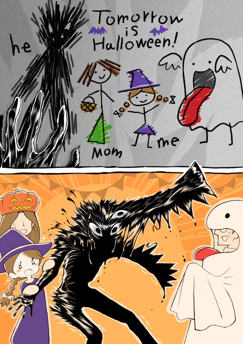 ホラー映画で子供が描く怖い絵4🎃  #イラスト #漫画が読めるハッシュタグ