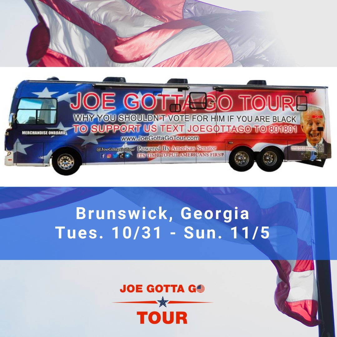 🇺🇸 The Joe Gotta Go Tour just rolled into Brunswick, Georgia from today, October 31st to Sunday, November 5th! We've got all the cool JGG stuff you need, and we can't wait to meet you! 🦅🤝 #JoeGottaGoTour #BrunswickGA