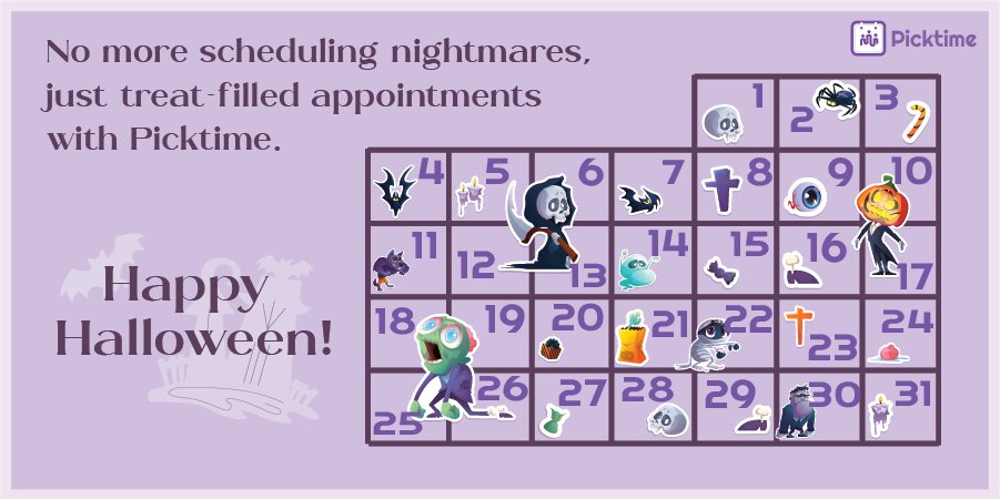 Picktime wishes you a very Happy Halloween. #AppointmentScheduling #TrickOrTreat #SpookySeason #TimeManagement #setthedate #bookingapp