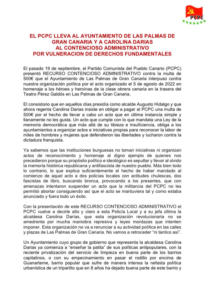 PCPC_Canarias's tweet image. EL PCPC LLEVA AL AYUNTAMIENTO DE LAS PALMAS @AyuntamientoLPA DE GRAN CANARIA Y A CAROLINA DARIAS AL CONTENCIOSO ADMINISTRATIVO POR VULNERACION DE DERECHOS FUNDAMENTALES.
#PCPC