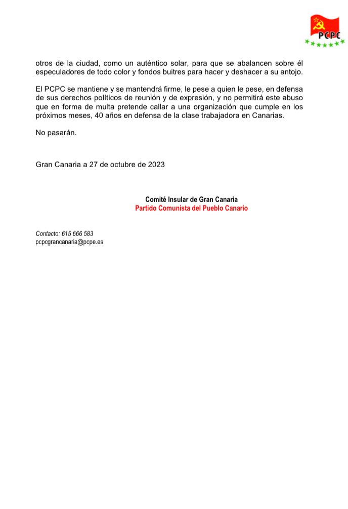 PCPC_Canarias's tweet image. EL PCPC LLEVA AL AYUNTAMIENTO DE LAS PALMAS @AyuntamientoLPA DE GRAN CANARIA Y A CAROLINA DARIAS AL CONTENCIOSO ADMINISTRATIVO POR VULNERACION DE DERECHOS FUNDAMENTALES.
#PCPC