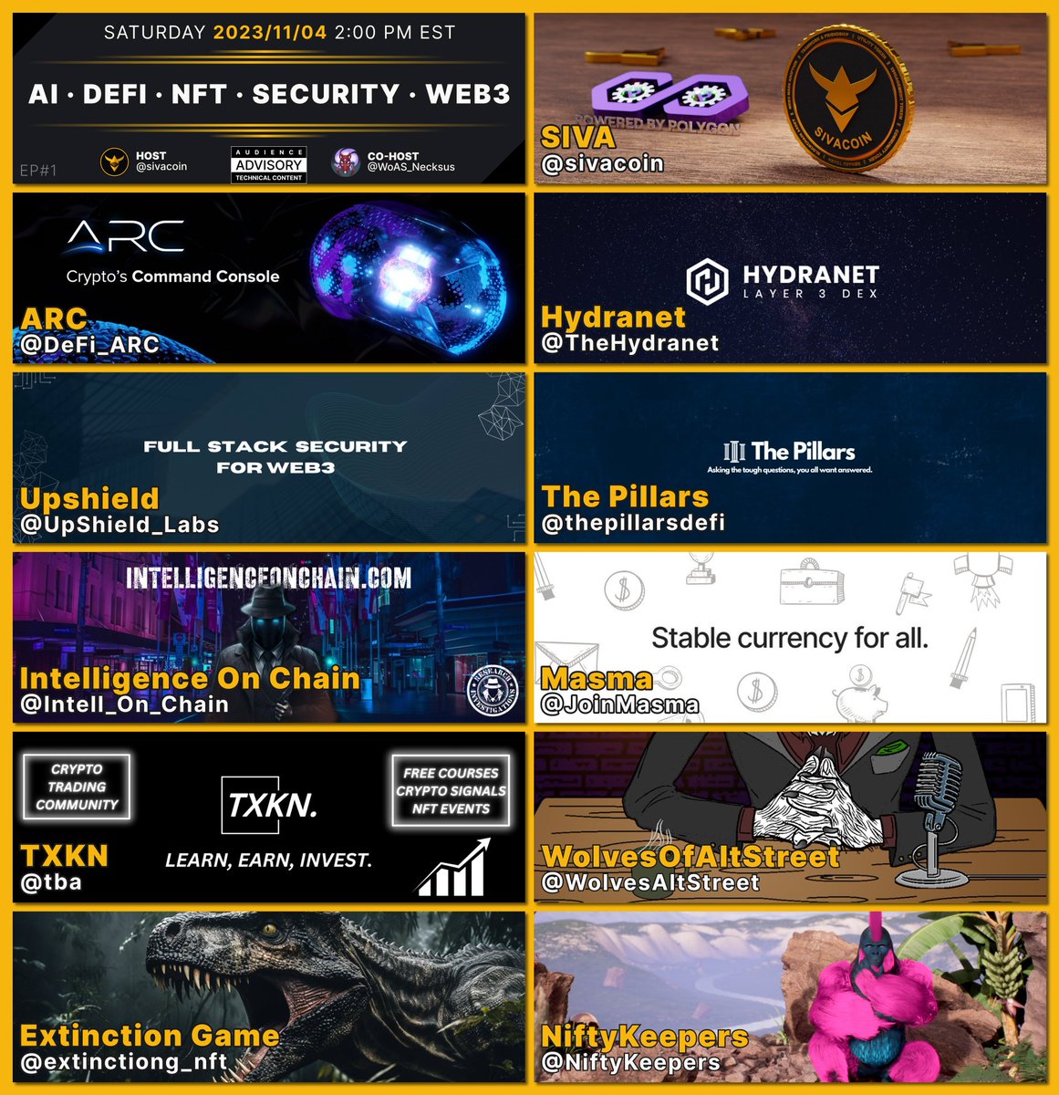 Gm everyone 👐

SIVA X-Space: AI · DEFI · NFT · SECURITY · WEB3 · Episode 1 on Saturday 2023/11/04 at 2 PM EST.

Join us to hear incredible speakers talking about mind-blowing technology ⇒ Let's have some fun! It will be epic!

Co-Hosted by <a href="/WoAS_Necksus/">Necksus</a>

x.com/i/spaces/1eaJb…