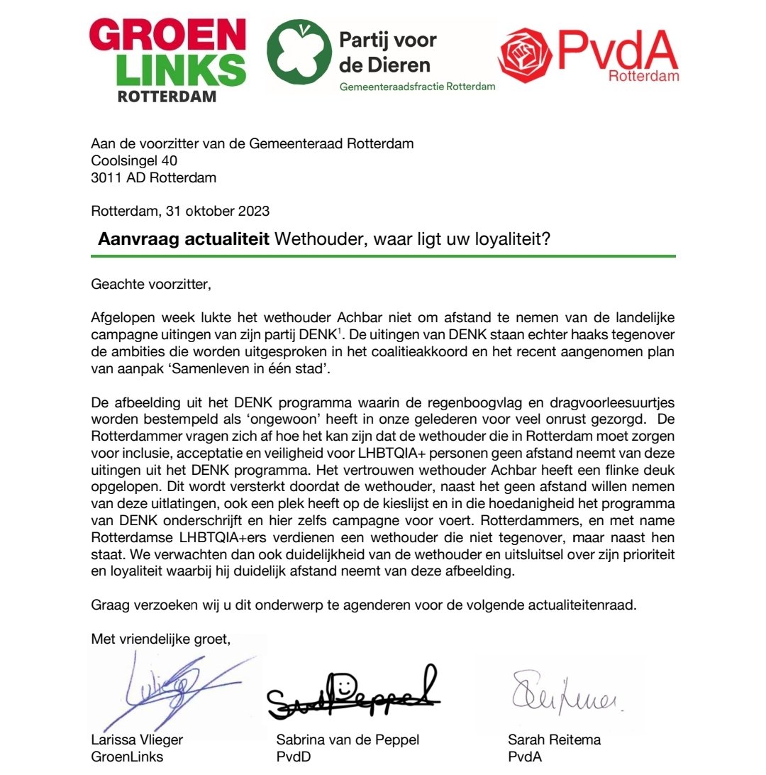 GL, PvdA en PvdD willen debat met wethouder Achbar over de campagne van zijn partij Denk. 'Rotterdamse LHBTQIA+ers verdienen een wethouder die niet tegenover, maar naast hen staat.'