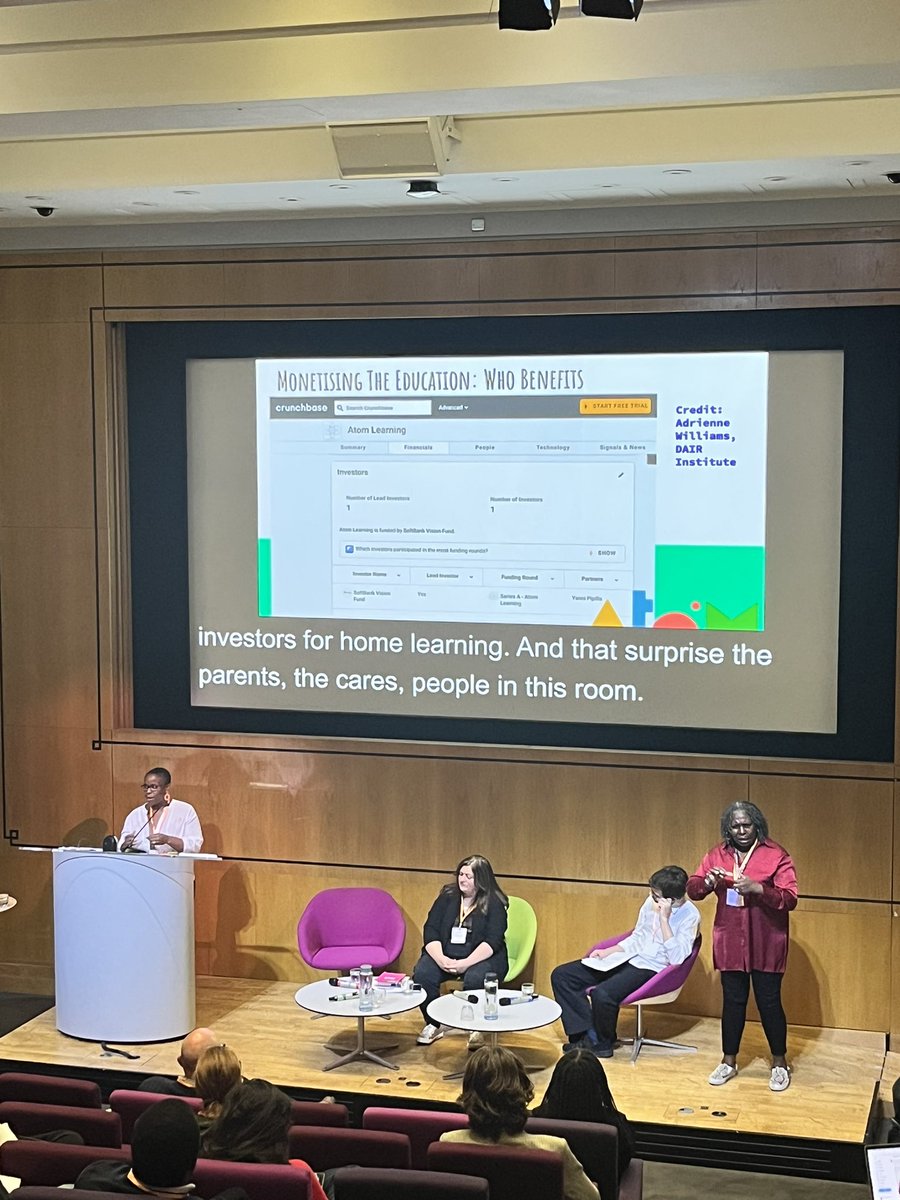 “Are there red lines on “acceptable AI” in education?” 

@TGyateng asks our audience for their thoughts in a session called “Algorithmic Oppression in our Educations System” 

She’s joined on stage by @TheABB and Will Perry (@moncktonlaw)