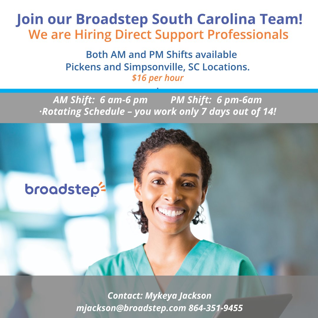 Broadstep1's tweet photo. Looking for a great job? Broadstep-SC is hiring DSP's-$16 per hour-AM/ PM Shifts
(Simpsonville)
https://t.co/GNqEZob8jR
(Pickens)
https://t.co/CLcEDF9T7d
Contact: 864.351.9455 mjackson@broadstep.com

#dsp #employmentopportunity #broadstepsouthcarolina https://t.co/Y7ntouyBaF