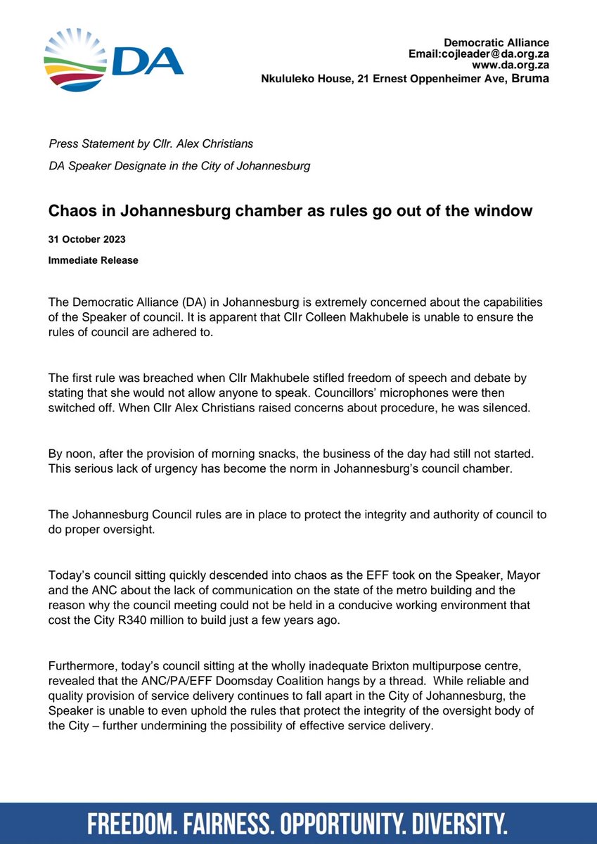 Disorder in #JoburgCouncil shows a blatant disregard for rules &amp; procedures. The Speaker's inability to maintain order, coupled with the ANC/PA/EFF Coalition's lack of cohesion, is detrimental to effective governance &amp; service delivery in Johannesburg.