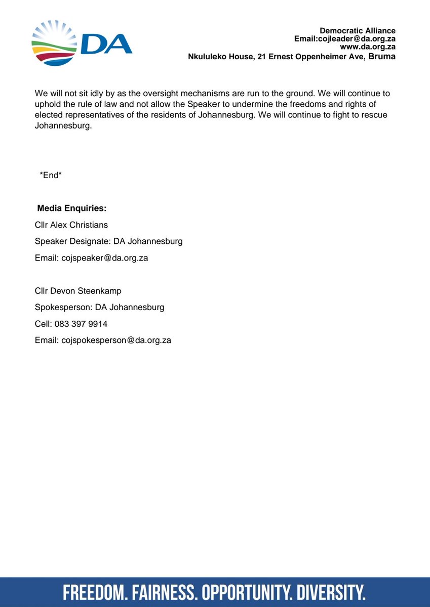The DA will continue to fight for accountability, upholding the rule of law &amp; rescuing our city. 🇿🇦 #RuleOfLaw #Accountability #RescueJoburg