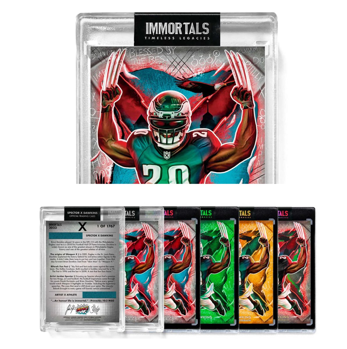 Sports cards news! @Spector_Art is teaming up with @BrianDawkins to release the first ever Immortals Trading Card. Releasing on November 9th. A portion of all proceeds will benefit The Brian Dawkins Impact Foundation. (More info here: shorturl.at/lzN19)