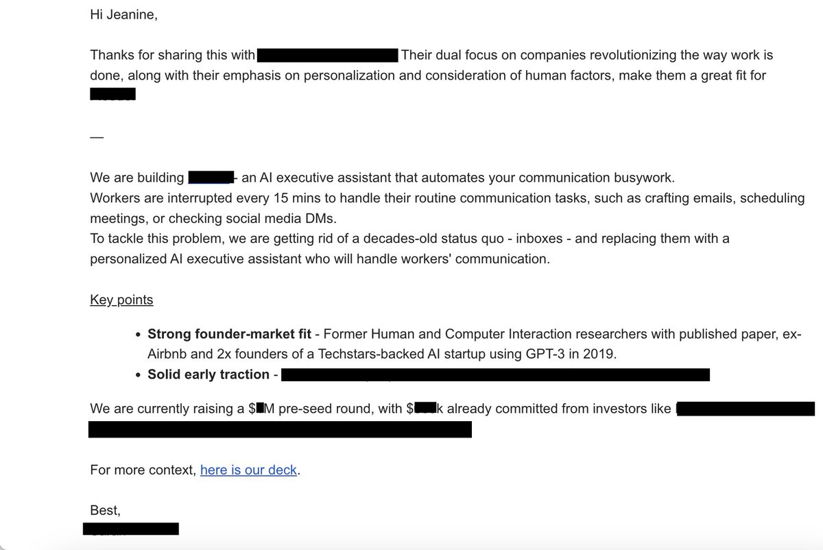 JeanineSuah's tweet photo. This founder just got an intro to a VC using the intro structure below 👏🏾 ⬇️

When founders ask me to make intros for them and I ask for a forwardable, THIS tends to be the format that yields the highest success rate amongst my network.

Rather than asking: "Jeanine - who do you know who invests in x?"

These were the steps she took:

1. Created list of investors whose theses align with her product

2. Went to my LinkedIn to see which of these VCs I was connected to

3. Shot me an email asking if I knew the investor personally

4. Sent me a *personalized* forwardable

5. Intro was made

I'm not saying this format is law.

What I *am* saying is that if you want to increase your chances of getting that meeting (with my help), this format tends to work best.

A personal thanks to this founder for letting me use her as an example to spread knowledge 💛

P.S. an VC friends who want an intro to this founder, happy to send your way.