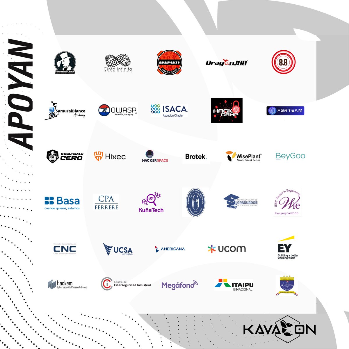 KavaConPy's tweet photo. Gracias a todas las comunidades, organizaciones e instituciones académicas por haber apoyado la edición 2023 de  #KavaCon 🐝🙌

#KavaCon2023 #Cybersecurity #Paraguay https://t.co/TSkNhyO5Fq