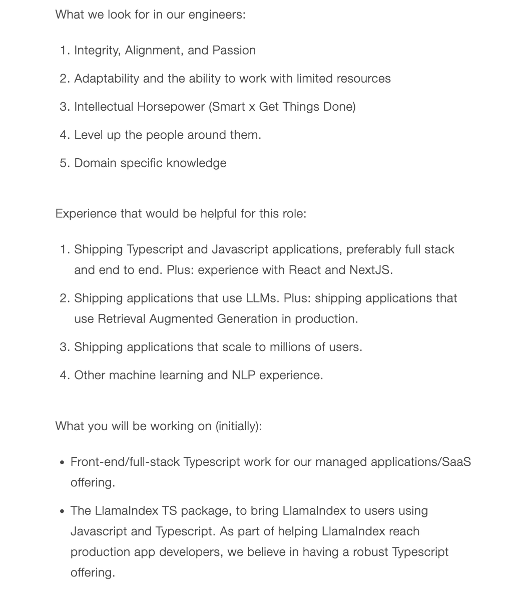 jerryjliu0's tweet image. We’re looking for a founding front-end/full-stack engineer!

Does one or more of the following apply to you?
✅ Shipping React, NextJS, TS/JS apps
✅ Interest in scaling apps to high volumes of data/users
✅ Keeping up with the LLM app landscape (RAG, agents, and more)
✅ Hacking…