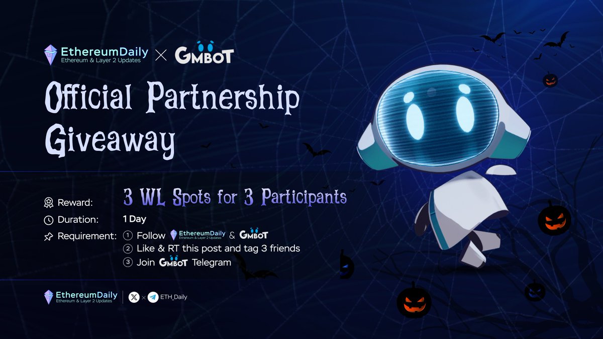 Ethereum Daily (@eth_daily) on Twitter photo 🔈 PARTNERSHIP ANNOUNCEMENT - #GIVEAWAY EVENT
🎁 Prize: 3 WL Spots for 3 Participants
✔️ To Enter:
1️⃣ Follow <a href="/ETH_Daily/">Ethereum Daily</a> & @GMBotApp
2️⃣ Like & RT this post and tag 3 friends
3️⃣ Join GMBot Telegram
⏰ End in 1D 🔈 PARTNERSHIP ANNOUNCEMENT - #GIVEAWAY EVENT
🎁 Prize: 3 WL Spots for 3 Participants
✔️ To Enter:
1️⃣ Follow <a href="/ETH_Daily/">Ethereum Daily</a> & @GMBotApp
2️⃣ Like & RT this post and tag 3 friends
3️⃣ Join GMBot Telegram
⏰ End in 1D