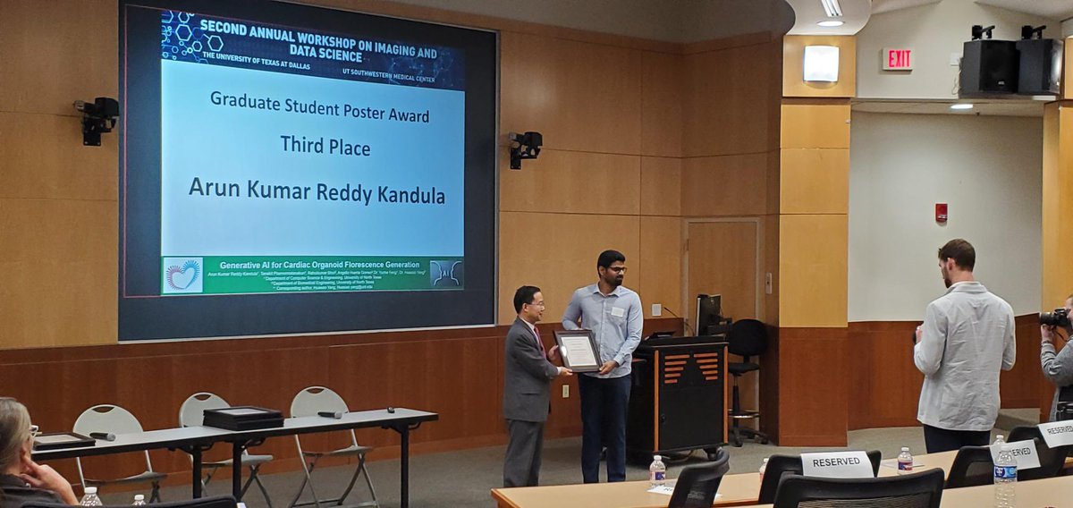Arun Kandula, a graduate student in Dr. Huaxiao Yang's lab at UNT, won third place in a poster competition at the Workshop on Imaging and Data Science at UT Dallas. He presented his project on Generative AI for Cardiac Organoid Fluorescence. Co-mentored by Dr. Yunhe Feng at UNT.