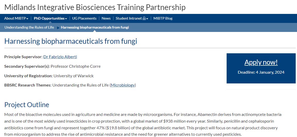 Fully funded @MIBTP1 PhD scholarship to work on natural products from fungi in the Alberti lab, with <a href="/CorreLabo/">Christophe Corre</a> as co-supervisor.

tinyurl.com/58ex29vn