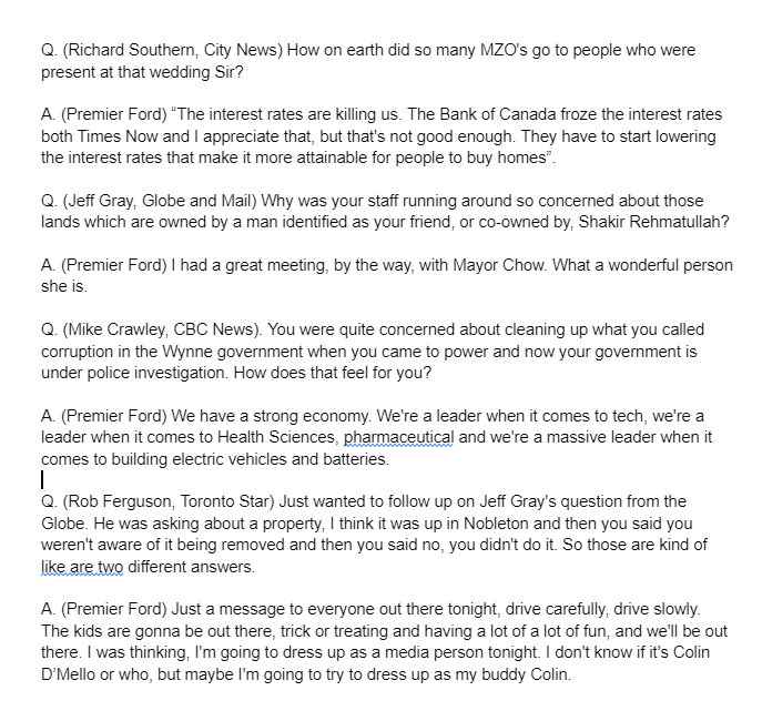 Today, Premier Doug Ford held his first news conference in nearly six weeks. Here's an edited  sampling of how some of his answers to reporters' questions tended to wander away from the topic as his response went on. #onpoli