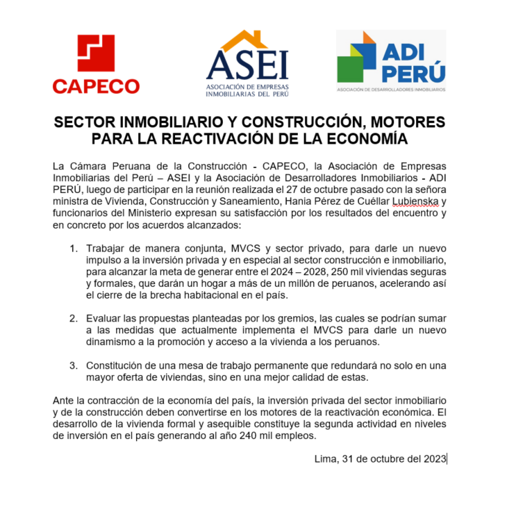 codip_pe's tweet photo. #Comunicado | SECTOR INMOBILIARIO Y CONSTRUCCIÓN, MOTORES PARA LA REACTIVACIÓN DE LA ECONOMÍA @capeco @viviendaperu #ComunicacionesInstitucionales #UnidosporelDesarrollo https://t.co/MV9zPT6AxN