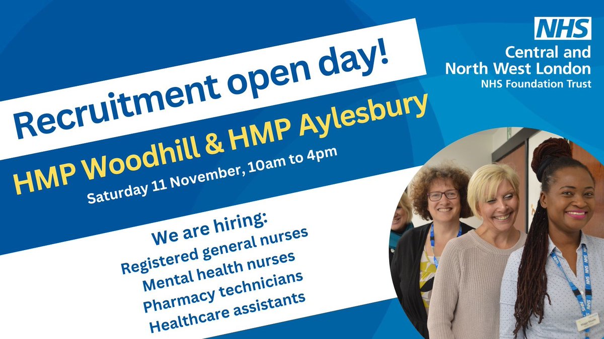 You're invited to our HMP Woodhill and HMP Aylesbury recruitment event!📣

We are hiring for staff nurses, pharmacy techs &amp; healthcare support workers | Saturday 11 November - 10am to 4pm at The Wisewood Centre, HMP Woodhill, MK4 4DA. 

Find out more: cnwl.nhs.uk/work#!/job/UK/…