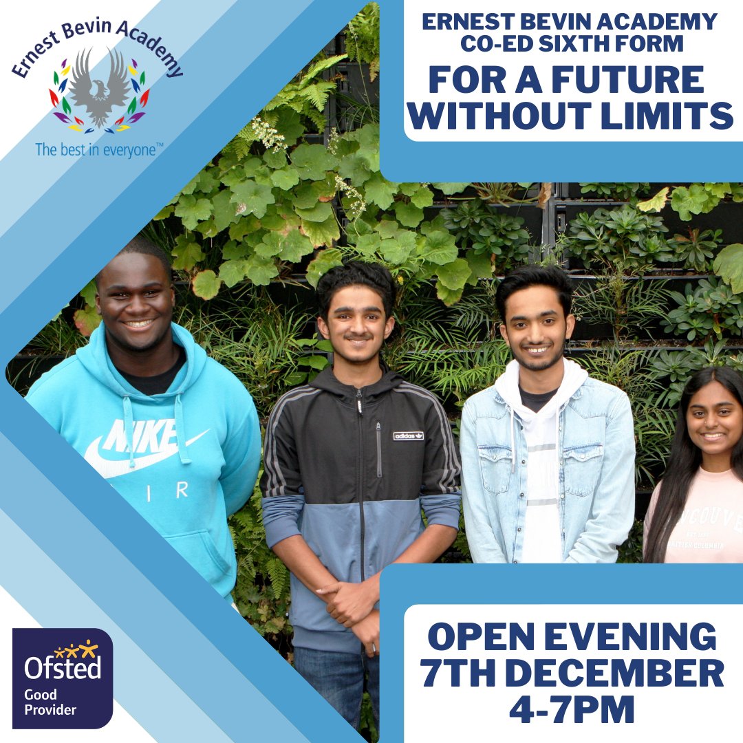 ErnestBevinAcad's tweet photo. Come and see us for a future without limits. Every year, our students exceed our and their expectations and enter top universities and apprenticeships in the country. Whatever future job or training you are aiming for, we have many post 16 qualifications to get you there. #eba https://t.co/aEm0uh9Lfs