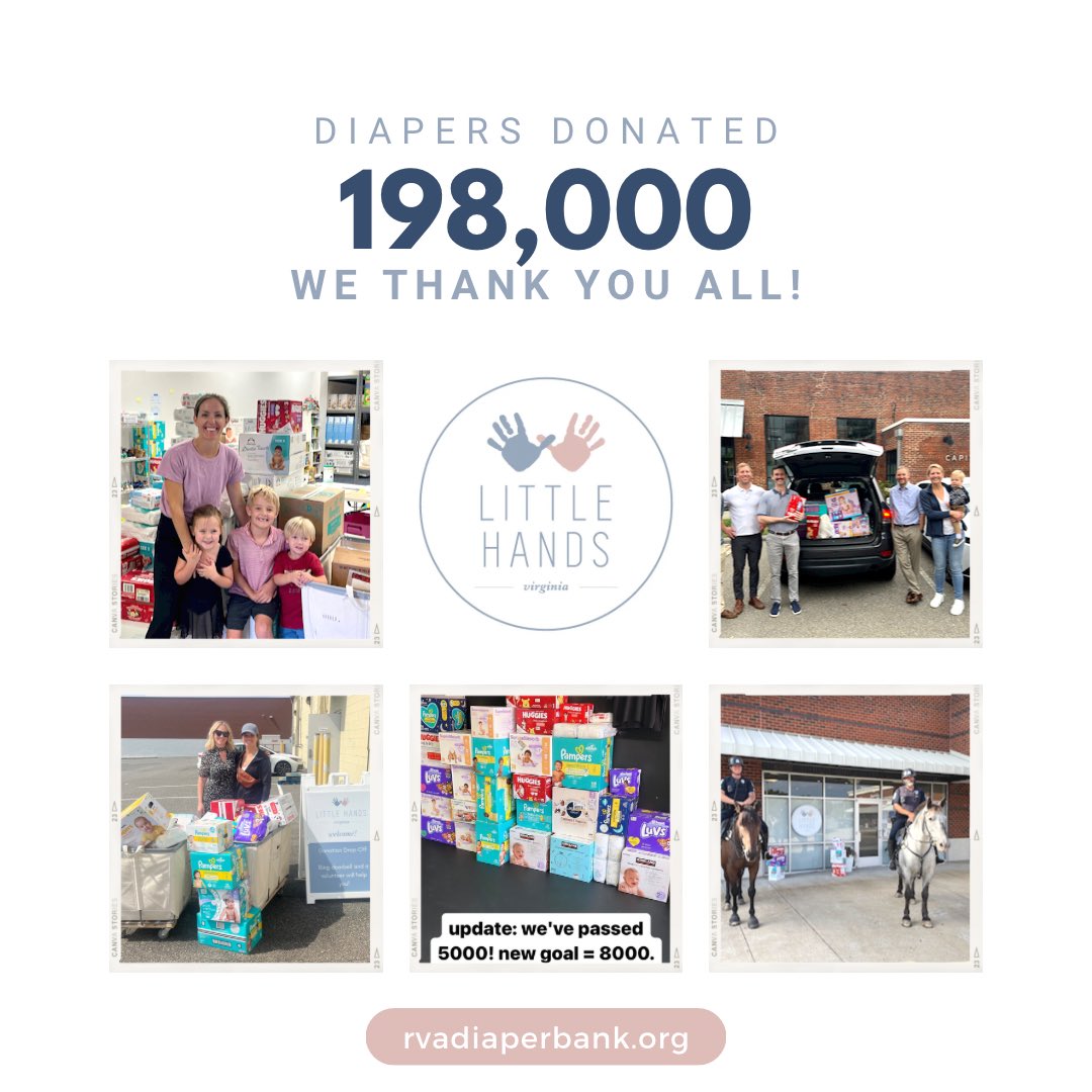 We are thrilled to share some fantastic news — thanks to your incredible generosity, we secured an astonishing 198,000 diapers during our #WipeOutDiaperNeed campaign, ensuring that babies throughout our community stay dry, clean, and healthy! littlehandsva.org/198000-diapers/