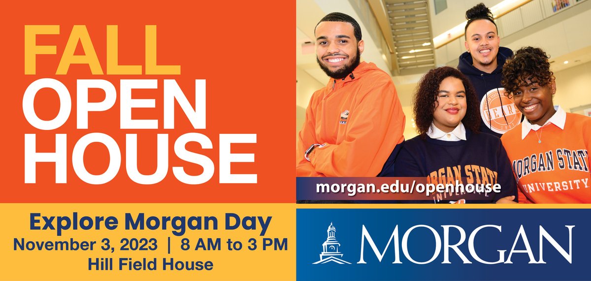 MorganStateU's tweet photo. There's still time to register for our open house event, #ExploreMorganDay, happening this Friday, November 3rd! Prospective Bears and families, join us for campus tours, faculty meetups, and financial aid insights. π»π·πΆ
Register today! β‘οΈ https://t.co/0WDuGI5N9c https://t.co/026lXGlnj6