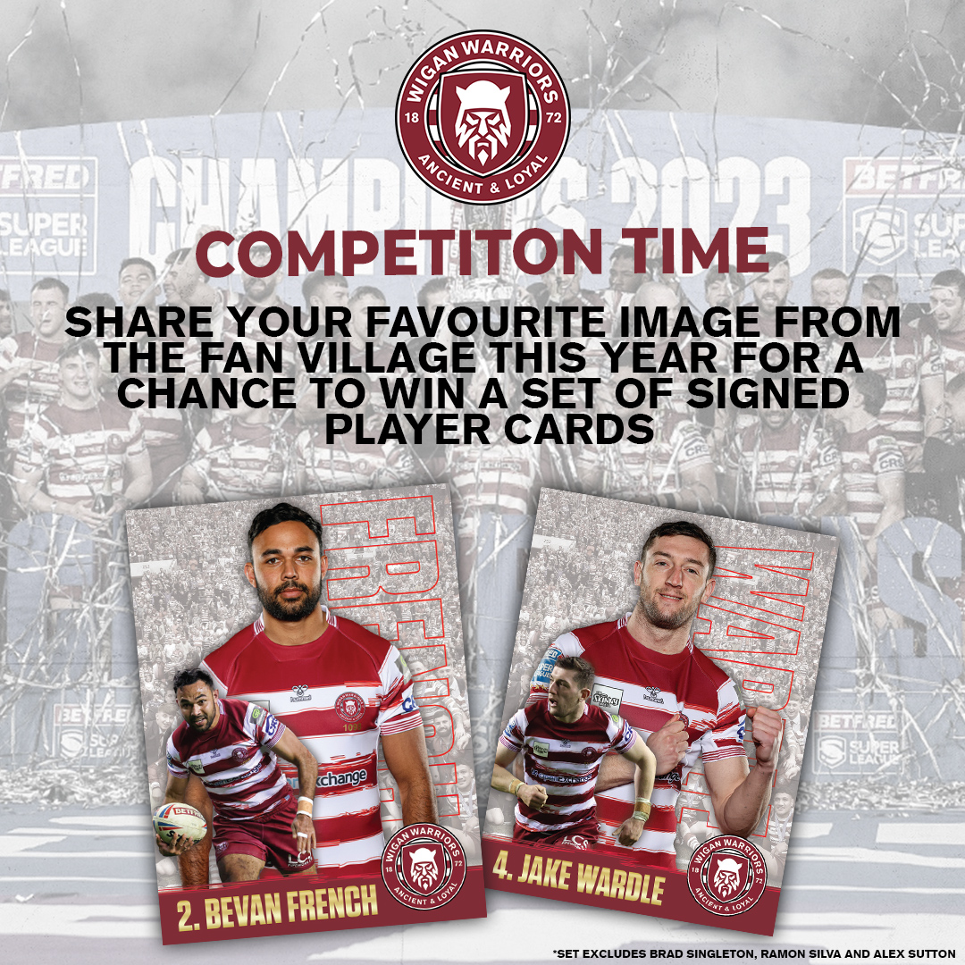 WiganWarriorsRL's tweet image. 🃏 𝘾𝙊𝙈𝙋𝙀𝙏𝙄𝙏𝙄𝙊𝙉 𝙏𝙄𝙈𝙀

🖼️ Share your favourite picture from the fan village in 2023 for a chance to win a set of 𝙨𝙞𝙜𝙣𝙚𝙙 player cards! 👇

Entries close at 7pm on Sunday 5th November!

#WWRL