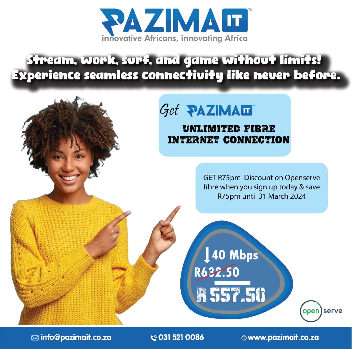 PazimaIT's tweet image. Dive into endless possibilities with our unlimited packages at pazima.co.za 🌊💼🎮 Stream, work, surf, and game without limits! Experience seamless connectivity like never before. #UnlimitedAdventures #PazimaConnectivity