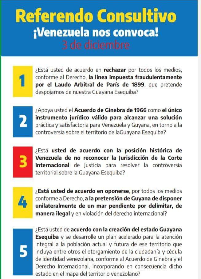 Conoce las 5 preguntas del Referéndum Consultivo sobre La Guayana Esequiba.
.
.
.
@nicolasmaduro
@dcabellor
@jackiepsuv
@AdolfoP_Oficial
@PartidoPSUV
@juancsierrapsuv
@JuventudPSUV
@luisjonaspsuv