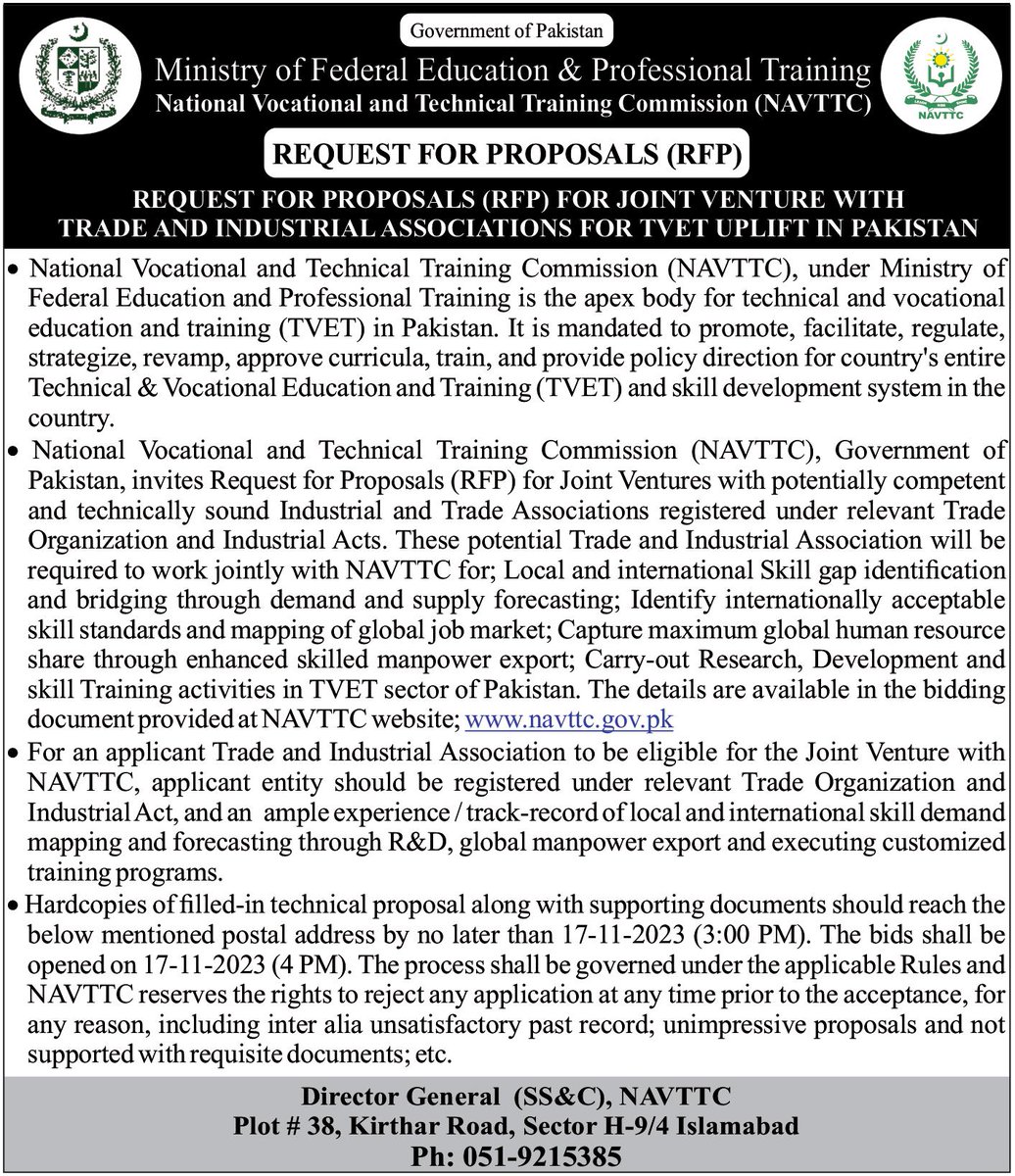 Request for Proposals (RFP) for Joint Venture with Trade and Industrial Associations for TVET Uplift in Pakistan
#TVET #Pakistan #jointventure