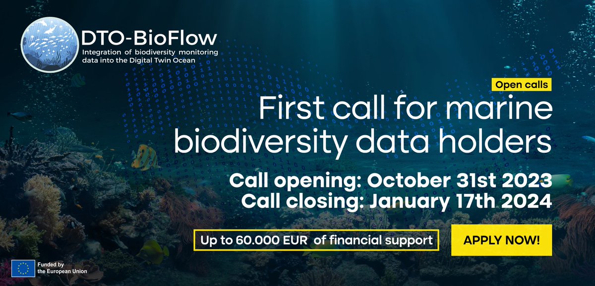 🙌We have just launched an #OpenCall for #marine #biodiversity #data holders!

💡Up to 60,000 EUR to provide sustained and long-term marine data for the EU DTO.  Don't miss this chance! 
⌛️Applications close on January 17, 2024
Discover more, apply here👉tinyurl.com/22p7bx2t