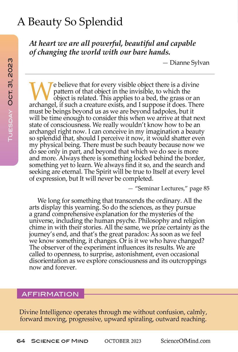 SNEAK PEEK: Today, we share the full Daily Guide for October 31, written by Ernest Holmes. To receive your Daily Guides for each day of every month, subscribe to the print or digital editions of the magazine: scienceofmind.com/subscribe/ #ScienceofMindmagazine #DailyGuides #Subscribe