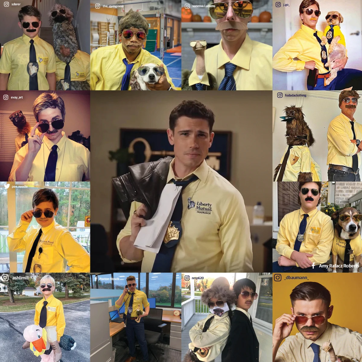 A grid of fan-submitted photos of their LiMu Emu & Doug costumes. In the center is a big photo of the Bad Actor who    can't seem to get the name right and calls the company "Liberty Biberty". He is dressed like Doug in yellow shirt and badge, with his leather coat thrown over this shoulder.