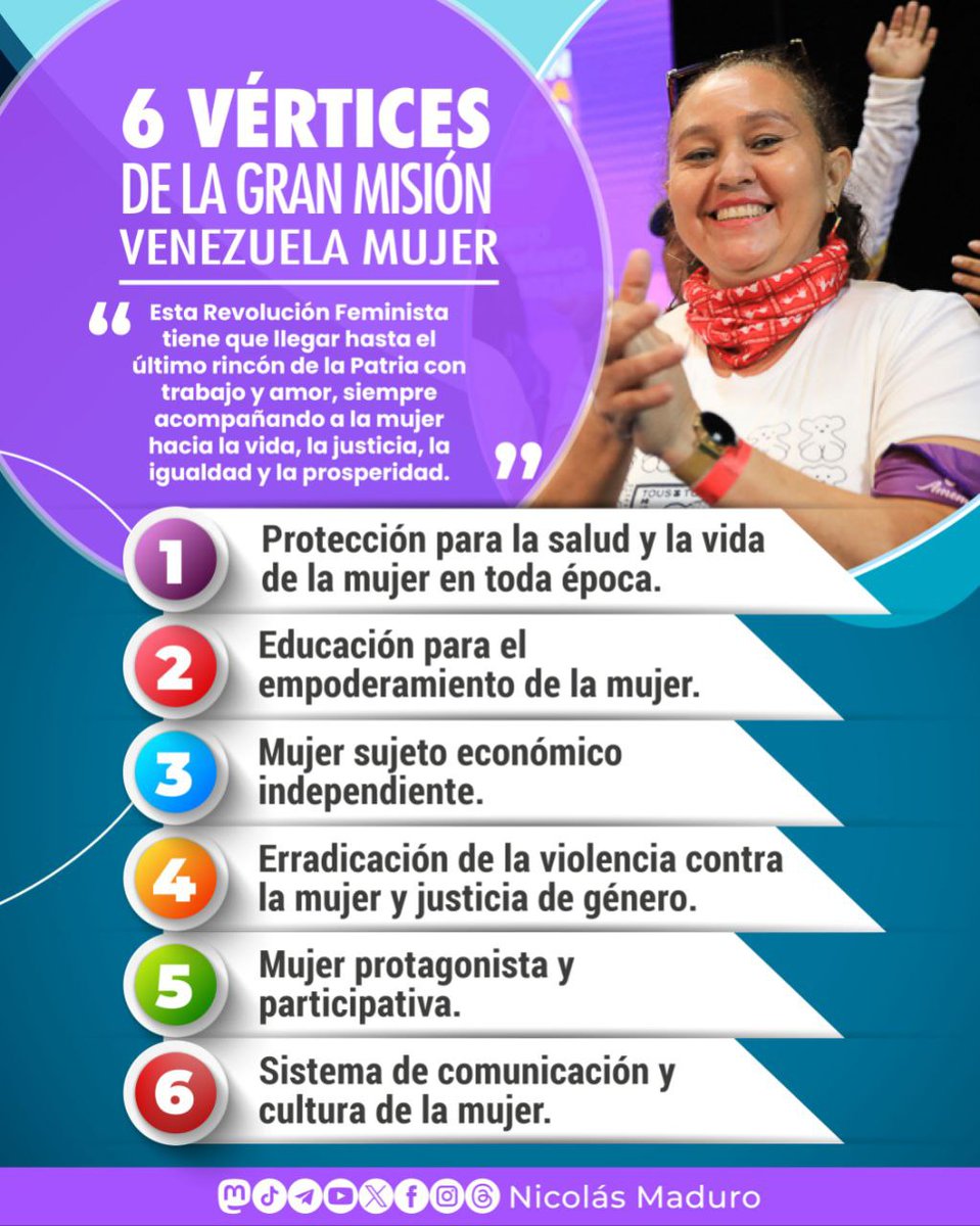¡Atención! Incorporamos un sexto vértice a la Gran Misión Venezuela Mujer, para consolidar el Sistema de Comunicación y Cultura de la Mujer. Todo el apoyo a las mujeres venezolanas. ¡Somos una Revolución Feminista!