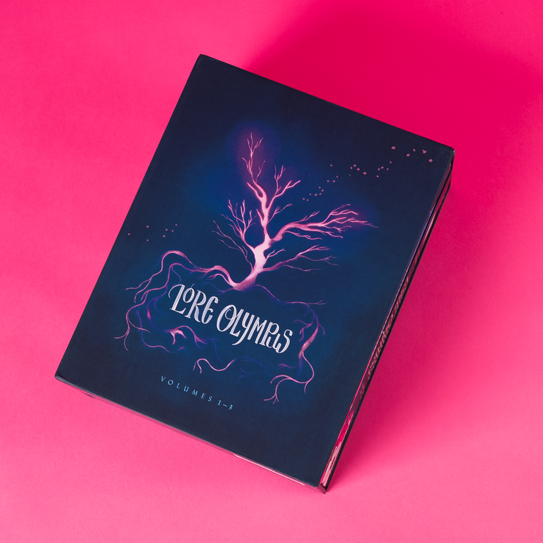 The boxed set of the first three hardcover volumes of LORE OLYMPUS is out now and available wherever books are sold. If you already have these books and just want the case, you can buy the case at @OutofPrintTees. 💙💖 ➡️ LoreOlympusBooks.com #RachelSmythe #LoreOlympus