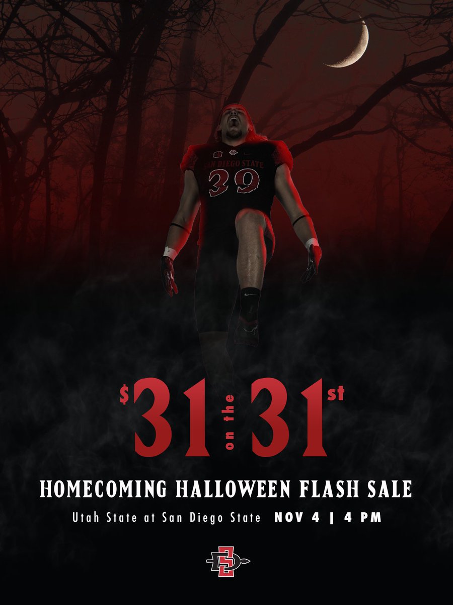 Happy Halloween and Homecoming week! Today only, buy $31 discounted tickets for this week’s game! This deal offers seats with a great view near the 50 yard line! 👉 GoAztecs.com/31on31 Hurry, this offer is subject to availability and ends tonight at midnight!