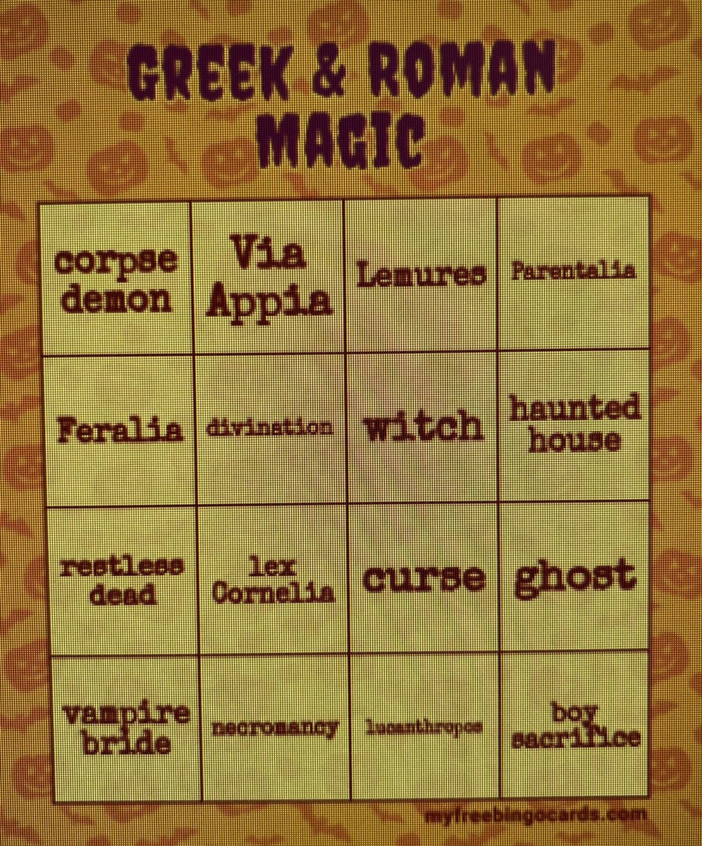 Elizabeth A. Pollard, PhD (@sdsu_h100) on Twitter photo It’s ghost bingo today in HIST500 - Greek and Roman Magic <a href="/SDSU/">San Diego State University</a>
All terms likely to come up in conversation grounded in the ancient source readings students have prepared for today’s class. It’s ghost bingo today in HIST500 - Greek and Roman Magic <a href="/SDSU/">San Diego State University</a>
All terms likely to come up in conversation grounded in the ancient source readings students have prepared for today’s class.