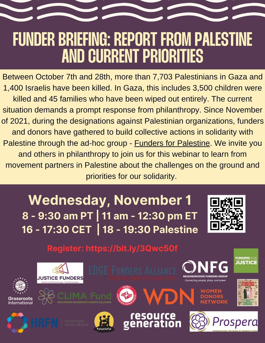 We invite those in philanthropy to join us to learn from movement partners in Palestine about the challenges on the ground and priorities for our solidarity.
Wednesday, November 1 | 8 – 9:30 am PT | 11 am – 12:30 pm ET | 16 – 17:30 CEST
Register here: bit.ly/3Qwc50f