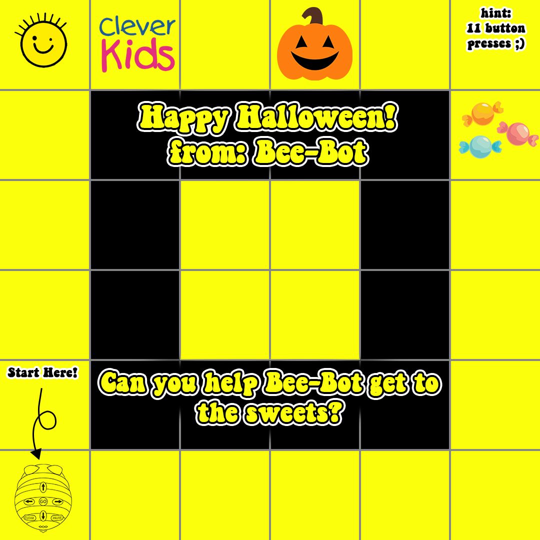 🎃 Happy Halloween from Bee-Bot! 🐝 As teachers, you've been buzzing around, working tirelessly to create a hive of knowledge. As you approach the mid-term break, here's a little treat for you and a sweet puzzle for your young learners. 🍬