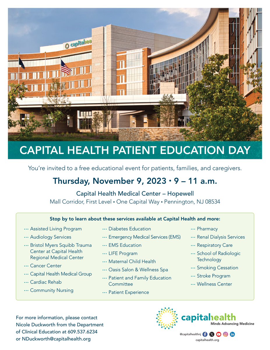 Join us on Thursday, November 9 for Patient Education Day at Capital Health Medical Center – Hopewell!