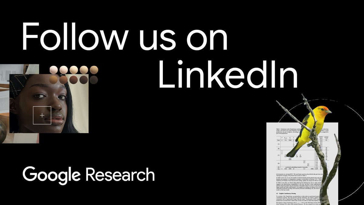 GoogleAI's tweet photo. Google Research is now on LinkedIn! →https://t.co/VFVrMiLV3X 

Follow along to learn how researchers at Google are making discoveries that impact everyone and tackling challenges that define the technology of today and tomorrow. https://t.co/e6dQxfrnVq