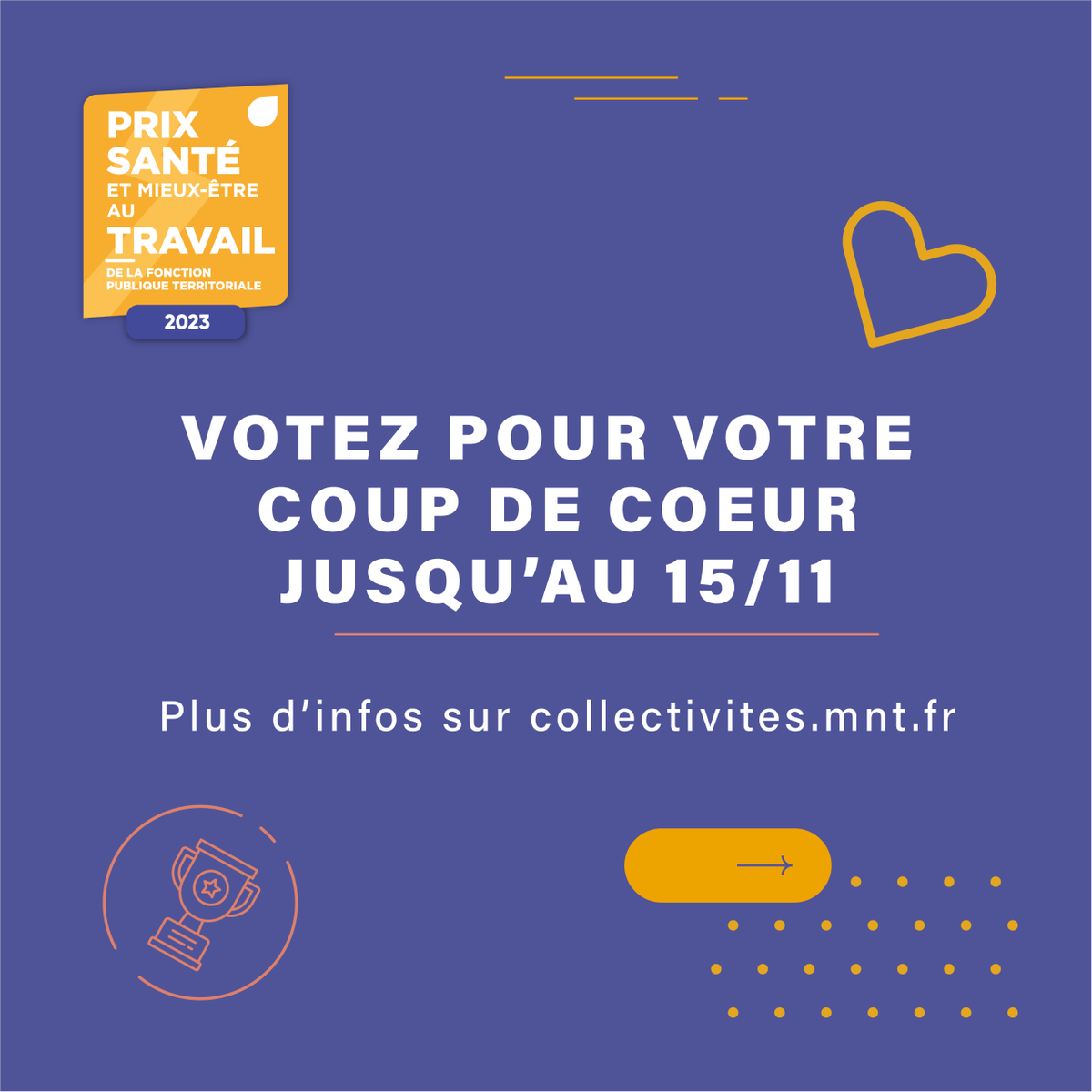 mutuelleMNT's tweet photo. #PSMT 2023 : désignez votre prix coup de cœur !
🗳 Jusqu'au 15/11, votez pour votre prix coup de cœur parmi les 20 initiatives sélectionnées par le jury des Prix santé et mieux-être au travail (PSMT) de la fonction publique territoriale 2023 !
👉https://t.co/eSnfZyW6zC https://t.co/xrcF37xetl