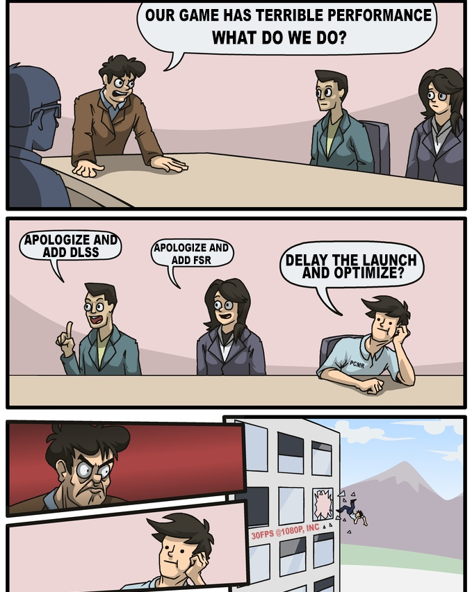 OfficialPCMR's tweet photo. How game dev/publisher meetings probably are like, still in 2023. https://t.co/KoQYWAqX1j