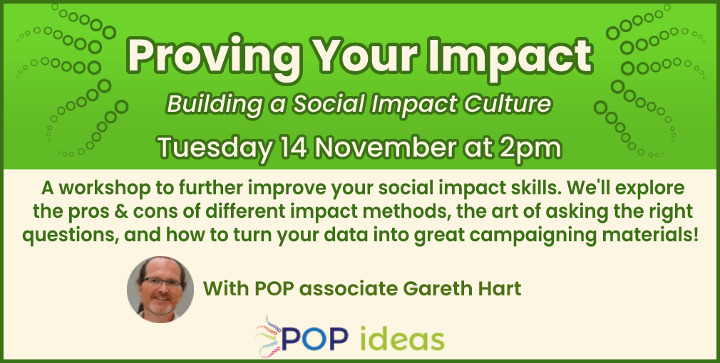 popideas1's tweet photo. Our next free workshop is "Proving Your Impact" w Gareth Hart on 14 November.

Gareth will help you to make the most of your impact data and attract more funding, support &amp; publicity by improving your impact measuring &amp; evaluating skills.

Book your place: https://t.co/bEWGierH5K https://t.co/Hw5T9HIG4x