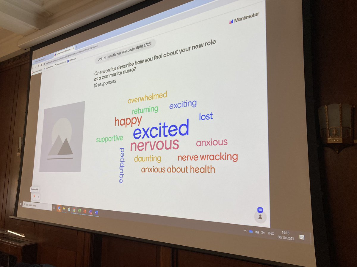 Used <a href="/Mentimeter/">Mentimeter</a> to gauge how the NQN’s starting their career in community nursing are feeling and more importantly what they need from the EDP’s &amp; teams <a href="/Tracyjaned/">Tracy Atherton 🐝 🌈</a> <a href="/GemmaHurst5/">Gemma Hurst</a> <a href="/kurien_bindu/">Bindu kurien</a> <a href="/Louisederham15/">Louise Derham</a> <a href="/SysJanie/">Jane Syson</a> <a href="/INT3_DNs/">INT3 District Nurses</a> <a href="/IntWithington/">INT Withington and Fallowfield</a> <a href="/BrookNorthINT/">Brooklands and Northenden INT</a> <a href="/mcrlco/">Manchester Local Care Organisation</a>