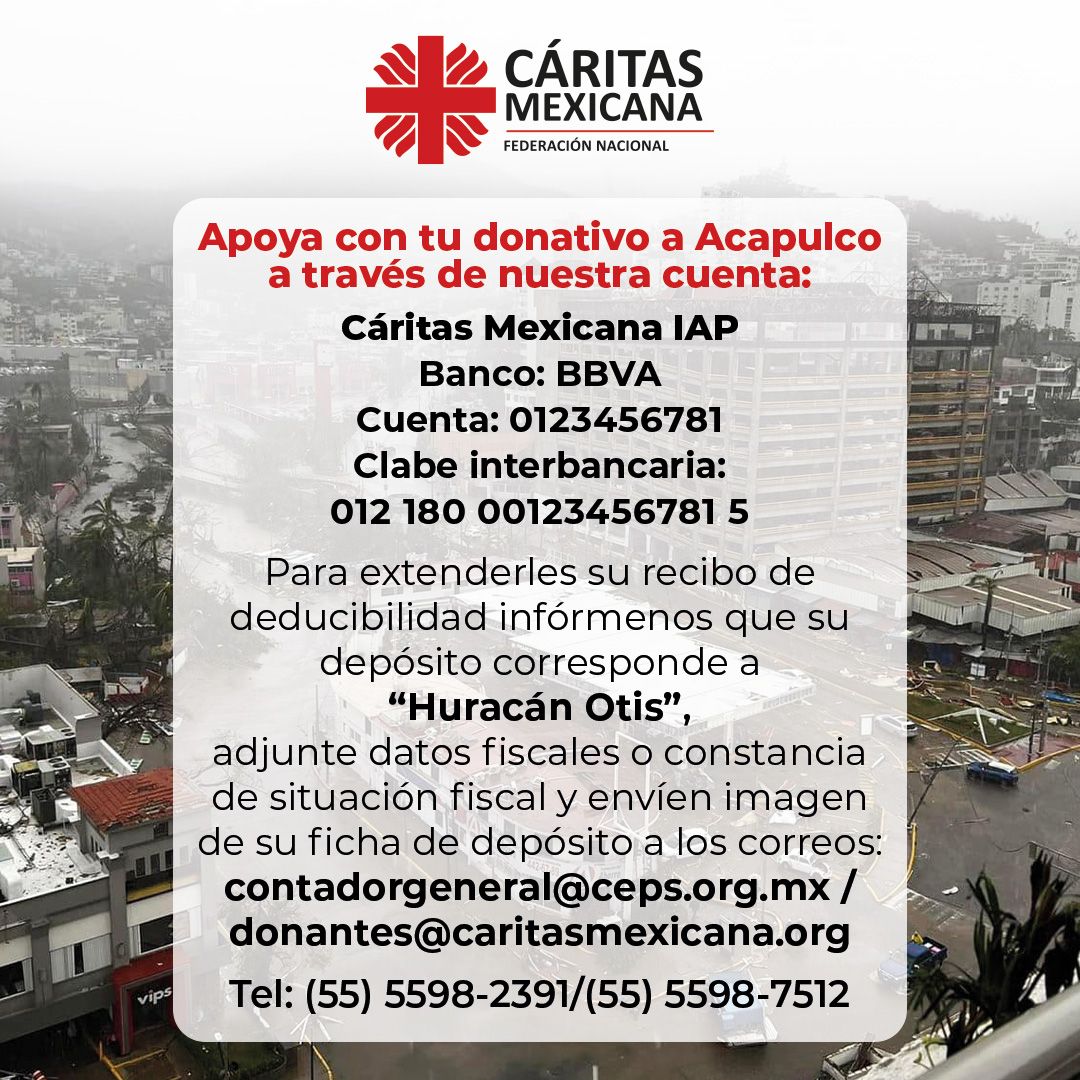Unámonos en oración por los que han sufrido por el Huracán OTIS en Guerrero.
Invitamos a cada uno de ustedes a que, en un gesto de amor, donemos a través de la RED NACIONAL CARITAS
<a href="/caritasmexicana/">Cáritas Mexicana IAP</a> <a href="/CritasALC/">CaritasALC</a> <a href="/caritasalc/">Cáritas América Latina y el Caribe</a> 
Aquí el video
👇
youtu.be/3PW1nYVwv9g