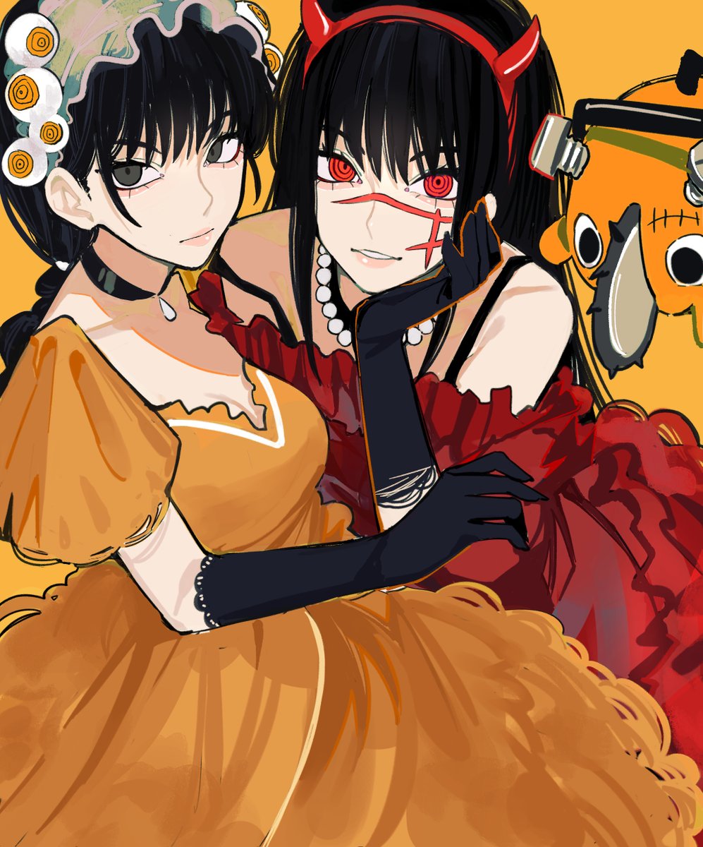 pochita (chainsaw man) multiple girls 2girls dress black hair horns scar on face ringed eyes  illustration images