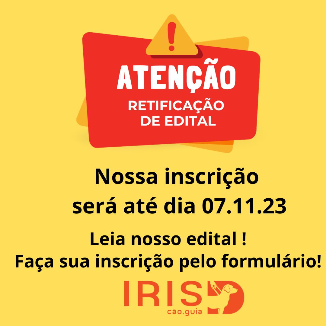 InstitutoIRIS's tweet photo. Atenção retificação de Edital. Em cima triângulo amarelo com exclamação em vermelho.
Abaixo os dizeres em preto: Nossa inscrição será até dia 07.11.23 Leia nosso edital! Faça sua inscrição pelo formulário!

FORMUÁRIO:
https://t.co/ZN5iRy1l27

EDITAL: https://t.co/krFwj75tQi https://t.co/EgIRc2mG1x
