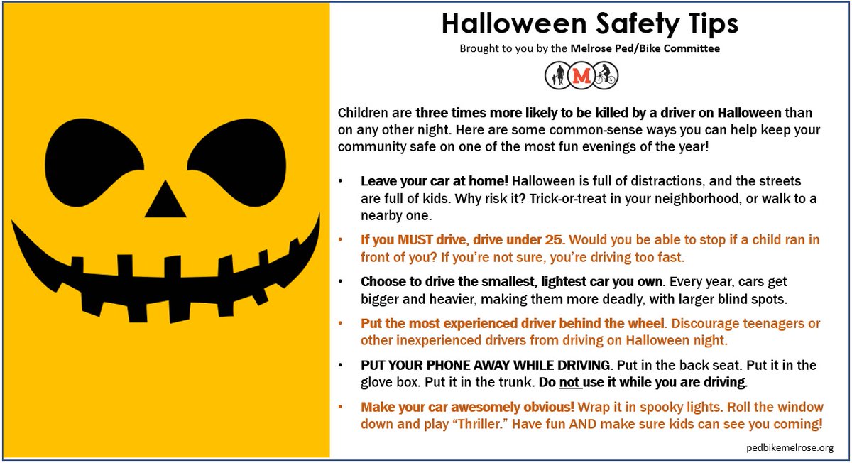 MelrosePedBike's tweet image. 🎃👻 Happy Halloween 🎃👻! Don't be a fright behind the wheel tonight. Follow the below tips to keep our littlest pedestrians safe.